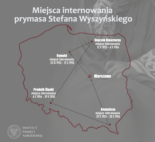 Mapa miejsc internowania prymasa Wyszyńskiego