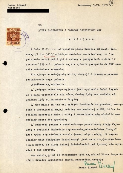 Ze starań Romana Zimanda o paszport, 1972. Odwołanie i... Z zasobu IPN