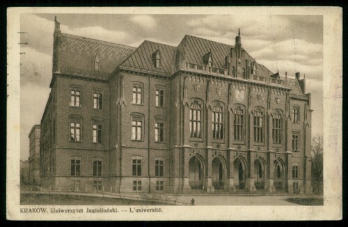 Kraków, <i>Collegium Novum</i> Uniwersytetu Jagiellońskiego, pocztówka wysłana w 1939 r. Ze zbiorów cyfrowych Biblioteki Narodowej (polona.pl)