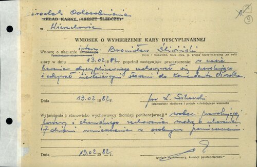 Ośrodek odosobnienia w Wierzchowie (Pomorskim), 13 lutego 1982, wniosek o wymierzenie kary dyscyplinarnej Bronisławowi Śliwińskiemu. Z zasobu IPN