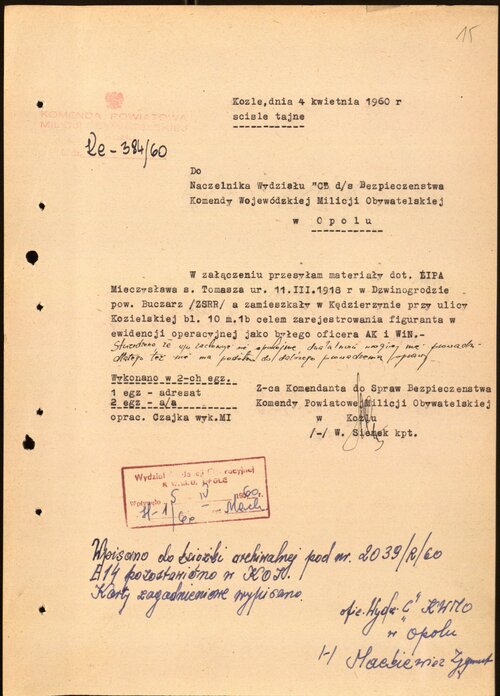 Pismo SB z 1960 r. w sprawie zarejestrowania <i>figuranta</i> Mieczysława Lipy <i>w ewidencji operacyjnej jako byłego oficera AK i WiN</i>. Z zasobu IPN