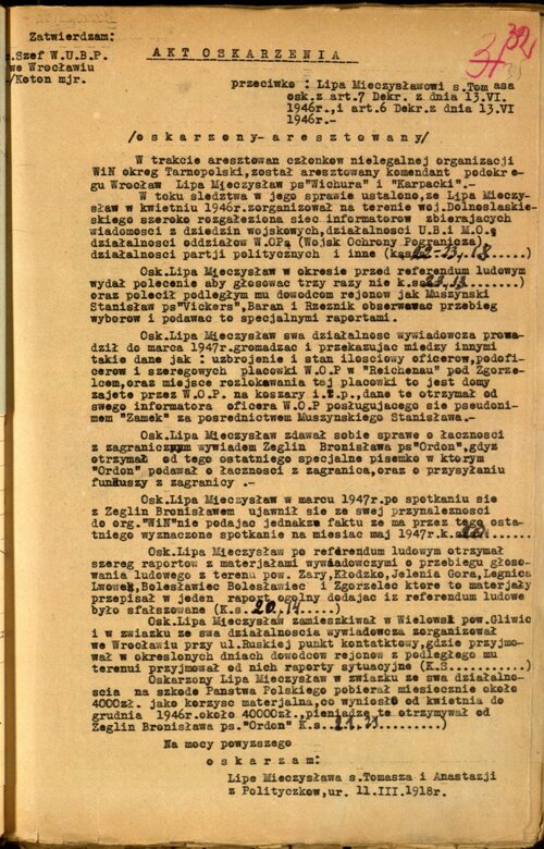 Akt oskarżenia przeciwko Mieczysławowi Lipie, sporządzony 14 grudnia 1948 r. (s. 1). Z zasobu IPN