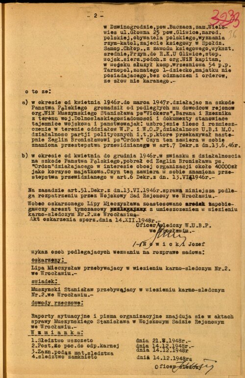 Akt oskarżenia przeciwko Mieczysławowi Lipie, sporządzony 14 grudnia 1948 r. (s. 2) oraz... Z zasobu IPN