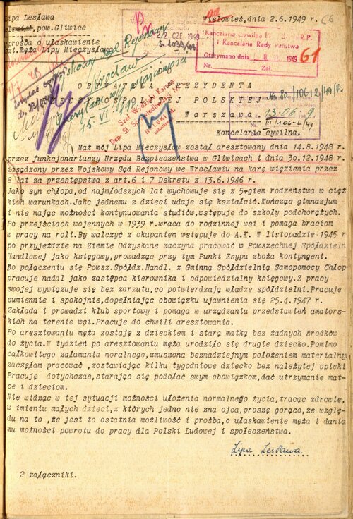 Żona Mieczysława Lipy, po jego skazaniu w 1948 r., napisała... Z zasobu IPN