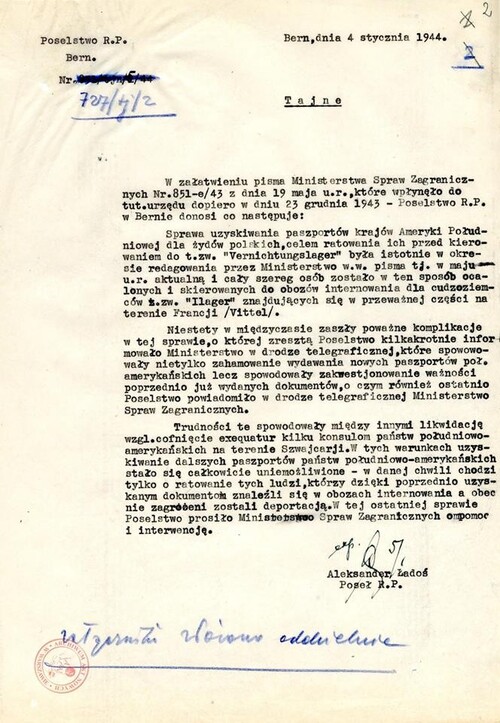 Pismo Aleksandra Ładosia wyjaśniające trudności w akcji wydawania polskim Żydom paszportów krajów Ameryki Południowej, 4 stycznia 1944 r. Ze zbiorów AAN