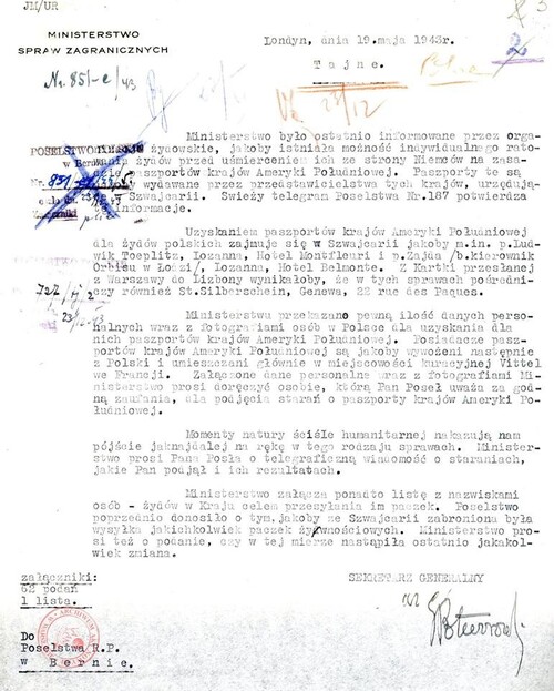 Pismo MSZ RP w sprawie paszportów krajów Ameryki Południowej, 19 maja 1943 r. Ze zbiorów AAN