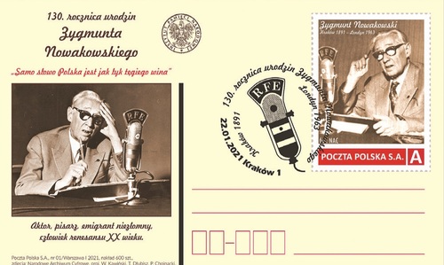 Kartka pocztowa ze znaczkiem i datownikiem wydana staraniem Poczty Polskiej i Instytutu Pamięci Narodowej z okazji 130. rocznicy urodzin pisarza
