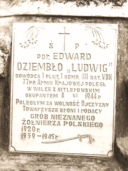 Sobotniki, grób ppor. Edwarda Oziembły  „Ludwiga” z III batalionu 77. pp AK (UBK),  poległego w czerwcu 1944 r., oraz N.N.  żołnierzy z 1920 r. Fot. ze zbiorów autora