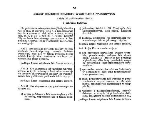 Opublikowane w Dzienniku Ustaw sowieckiej Rzeczpospolitej Polskiej brzmienie dekretu Polskiego Komitetu Wyzwolenia Narodowego z 30 października 1944 r. <i>o ochronie Państwa</i> (s. 1)