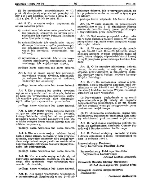 Opublikowane w Dzienniku Ustaw sowieckiej Rzeczpospolitej Polskiej brzmienie dekretu Polskiego Komitetu Wyzwolenia Narodowego z 30 października 1944 r. <i>o ochronie Państwa</i> (s. 2)