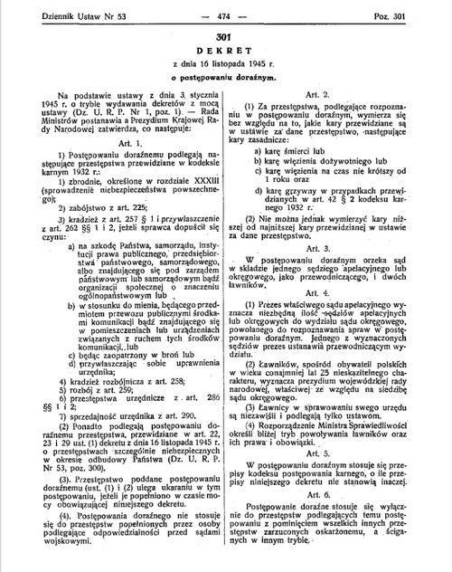 Opublikowane w Dzienniku Ustaw sowieckiej Rzeczpospolitej Polskiej brzmienie dekretu z 16 listopada 1945 r. <i>o postępowaniu doraźnym</i> (s. 1)