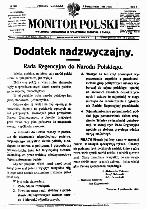Dodatek nadzwyczajny Monitora Polskiego z 7 października 1918 – Rada Regencyjna ogłasza niepodległość Polski