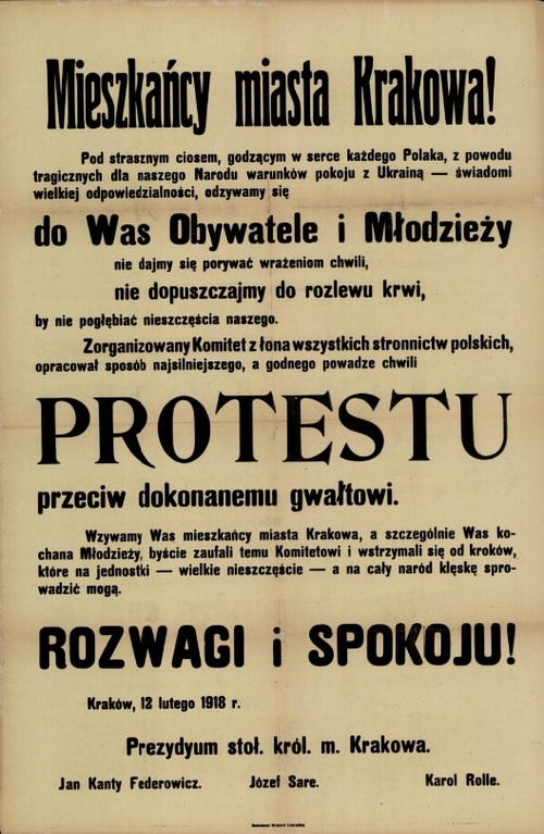 Afisz z wezwaniem do mieszkańców Krakowa, luty 1918 r. Ze zbiorów Biblioteki Narodowej