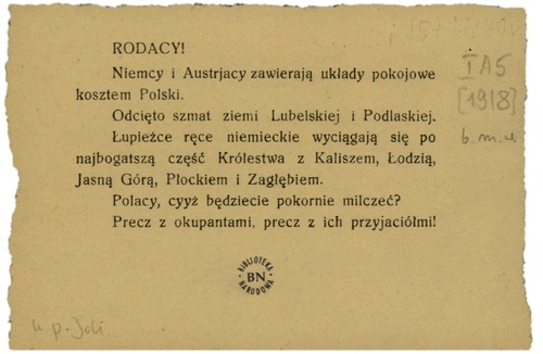 Druk z lutego 1918 r. Ze zbiorów Biblioteki Narodowej
