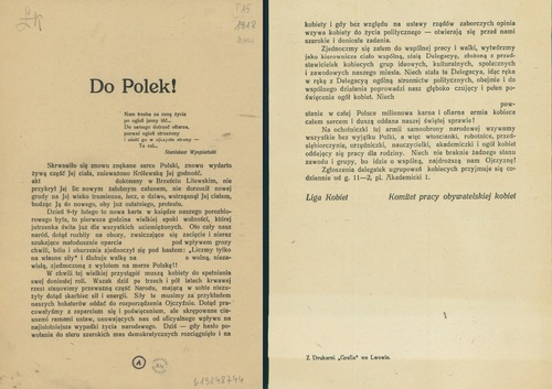 Manifest <i>Do Polek</i> Komitetu Pracy Obywatelskiej Kobiet i Ligi Kobiet Pogotowia Wojennego, 1918 r.  Ze zbiorów Biblioteki Narodowej
