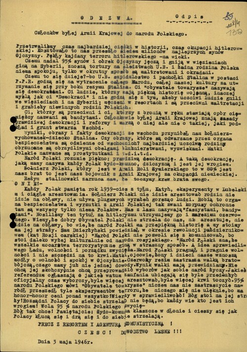 Przykład odezwy, jakich wiele kierowało do Polaków podziemie antykomunistyczne po II wojnie (tu: z 3 maja 1946 r.). Z zasobu IPN