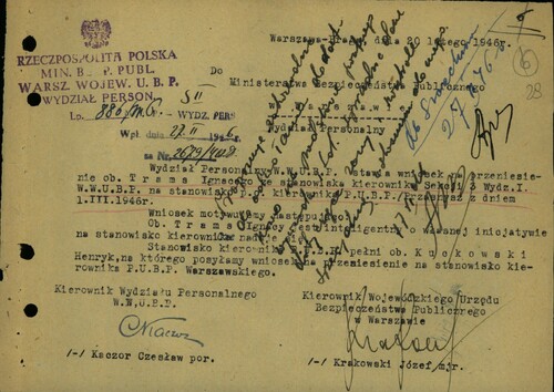 Wniosek kierownictwa WUBP w Warszawie o przeniesienie Ignacego Tramsy na stanowisko p.o. kierownika PUBP w Przasnyszu, 20 lutego 1946. Z zasobu IPN