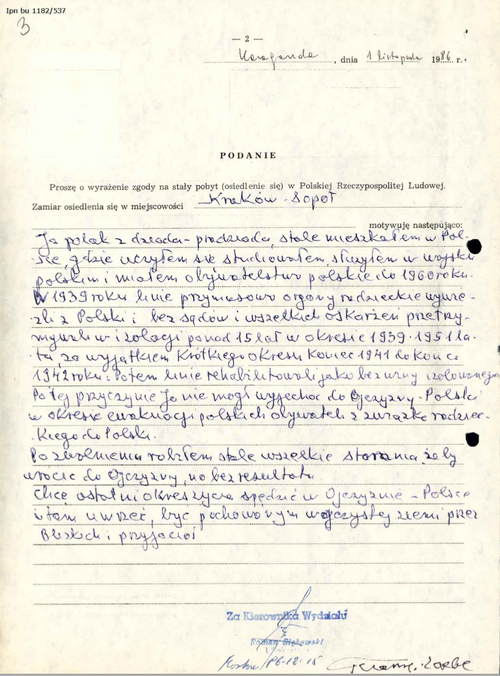 Podanie Jana Plater-Gajewskiego o pozwolenie na pobyt stały w Polsce, 1 listopada 1986 r.