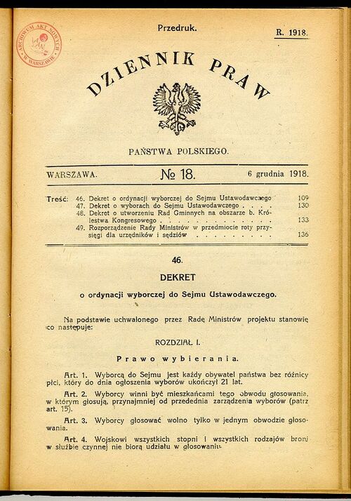 Dekret Tymczasowego Naczelnika Państwa z 28 listopada 1918 r. w sprawie ordynacji wyborczej. Zbiory Archiwum Akt Nowych