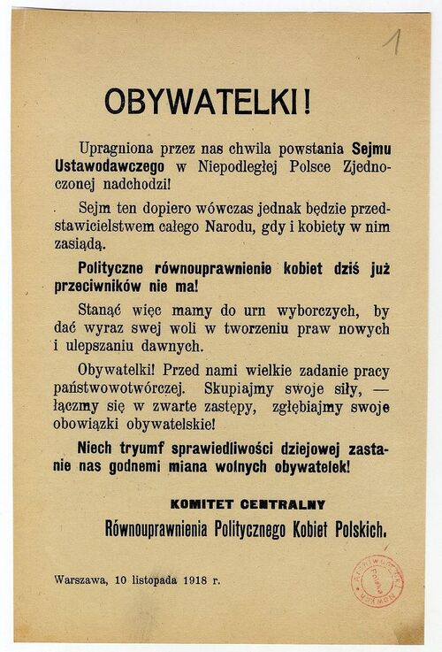 Ulotka programowa Równouprawnienia Politycznego Kobiet Polskich, 1918 r. Zbiory Archiwum Akt Nowych