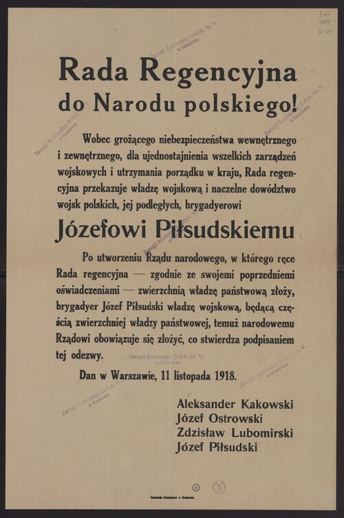 Ogłoszenie o przekazaniu przez Radę Regencyjną 11 listopada 1918 r. na ręce Józefa Piłsudskiego władzy nad wojskiem polskim. Ze zbiorów BN - polona.pl