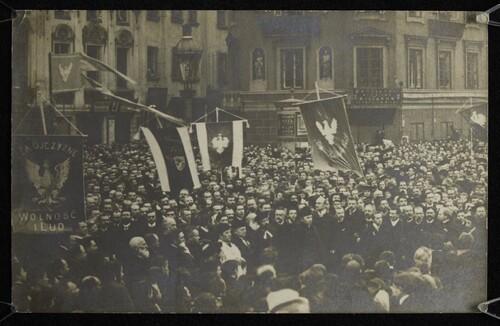 Manifestacja patriotyczna - prawdopodobnie wielki pochód narodowy w Warszawie 17 listopada 1918 r. Ze zbiorów BN - polona.pl