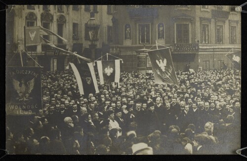 Manifestacja patriotyczna - prawdopodobnie wielki pochód narodowy w Warszawie 17 listopada 1918 r. Ze zbiorów BN - polona.pl