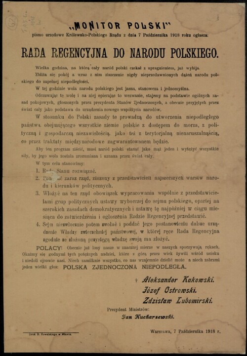 Manifest Rady Regencyjnej z 7 października 1918 r. Ze zbiorów BN - polona.pl