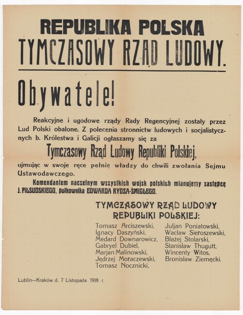 Ogłoszenie o powstaniu <i>Tymczasowego Rządu Ludowego Republiki Polskiej</i>. Ze zbiorów BN - polona.pl