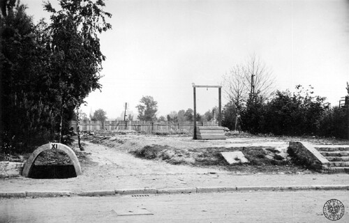 Szubienica, na której stracono byłego komendanta KL Auschwitz-Birkenau Rudolfa Hößa, stojąca na terenie obozu macierzystego kompleksu KL Auschwitz. W tle zarysy budynków miasta Oświęcim. Fot. z zasobu IPN