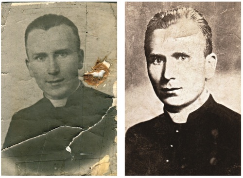 Portrety ks. Jana Machy, bardzo zniszczony jest wcześniejszy, prawdopodobnie z 1939 r., drugi już z lat okupacji. Fot. z archiwum rodzinnego ks. Machy