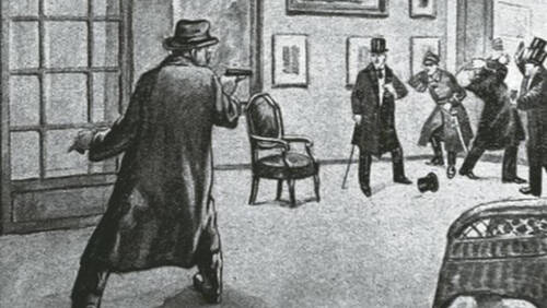 Szkic rekonstruujący przebieg zamachu na prezydenta Narutowicza (źródło: Ilustracja Polska)