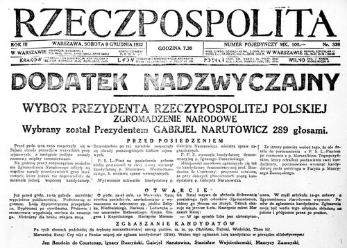 Informacja &quot;Rzeczpospolitej&quot; o wyborze Gabriela Narutowicza na prezydenta, 9 XII 1922 r.