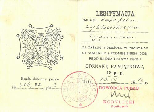 Legitymacja nr 4188 odznaki pamiątkowej 13 pułku piechoty, podpisana przez ppłk Józefa Kobyłeckiego, 15 IX 1937 (fot. z zasobu IPN)