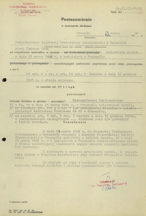 Postanowienie o wszczęciu śledztwa przeciwko Mieczysławowi Rokitowskiemu, 23 marca 1982. Z zasobu IPN