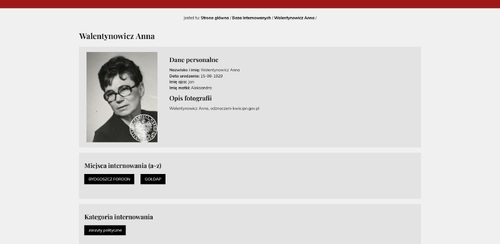 Print-screen ze stroną w „Bazie Internowanych” dotyczącą Anny Walentynowicz. Oprócz danych o Annie Walentynowicz jest tu też jej zdjęcie portretowe (kobieta w średnim wieku, z ciemnymi i krótkimi - jak dla kobiety - włosami, w dużych okularach z grubymi oprawkami, ubrana w ciemną bluzkę).