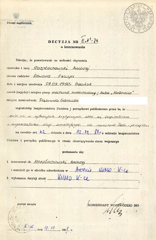Decyzja o internowaniu Andrzeja Rozpłochowskiego. Z zasobu IPN