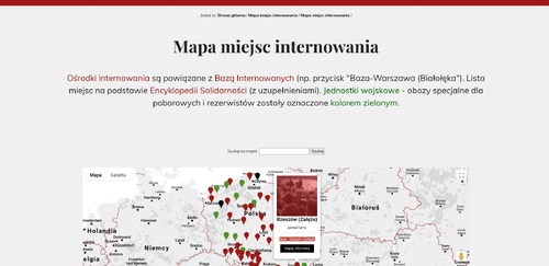 Print-screen z „Mapą miejsc internowania” z „Bazy Internowanych”. Mapa Polski w granicach pojałtańskich (z obszarami sąsiednich państw) z zaznaczonymi miejscami internowania Polaków przez reżim Wojciecha Jaruzelskiego w okresie stanu wojennego.