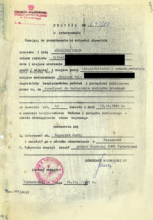Decyzja o internowaniu Jerzego Kopeczka, 16 grudnia 1981. Z zasobu IPN