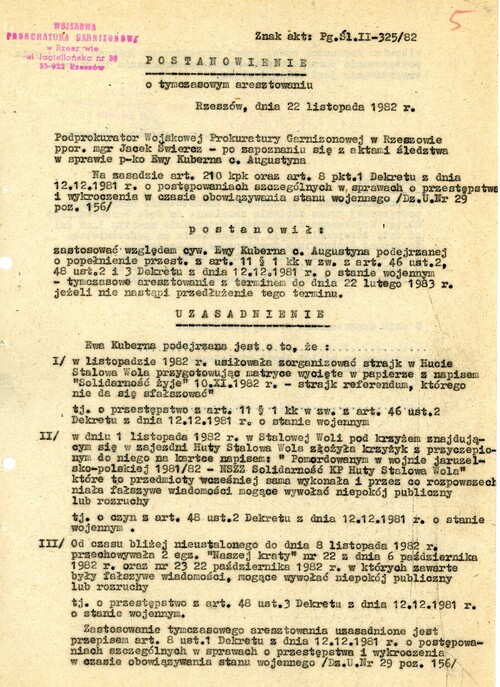 Postanowienie o tymczasowym aresztowaniu Ewy Kuberny, 22 listopada 1982 (pierwsza strona). Z zasobu IPN