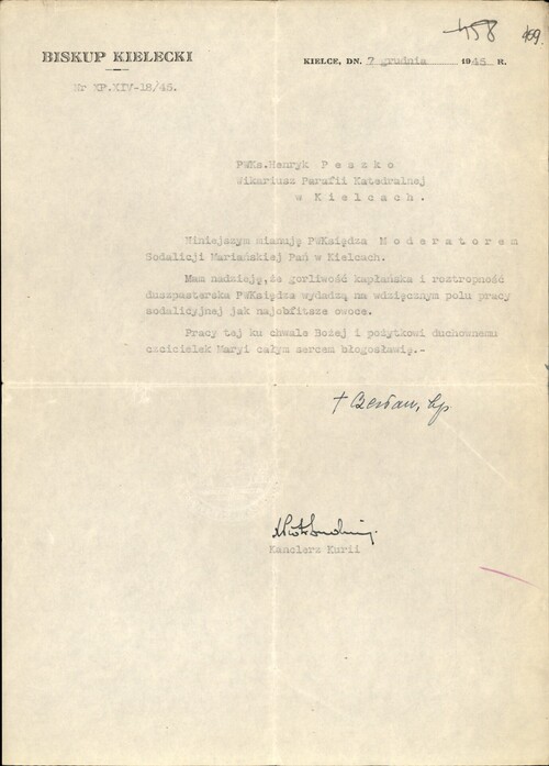 Dokument mianowania przez bp. Czesława Kaczmarka ks. Henryka Peszki Moderatorem Sodalicji Mariańskiej Pań w Kielcach, 7 grudnia 1945. Z zasobu IPN