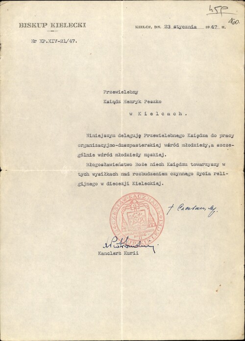 Delegacja bp. Czesława Kaczmarka do pracy duszpasterskiej ks. Henryka Peszki wśród młodzieży, 23 stycznia 1947. Z zasobu IPN
