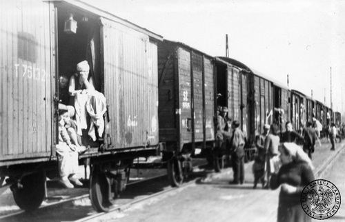Pociąg z przesiedlonymi ze Wschodu na jednej ze stacji na terenie Śląska, 1945-1946 r. Fot. AIPN