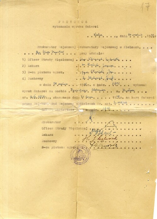 Protokół wykonania kary śmierci na Aleksandrze Życińskim; 24 września 1948. Z zasobu IPN