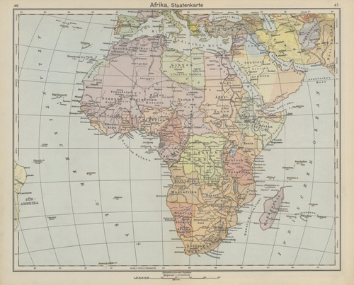 Afryka ze stron niemieckiego atlasu geograficznego z 1942 r. Wydawnictwo Wydawnictwo Braunschweig; George Westermann (ze zbiorów Biblioteki Narodowej)