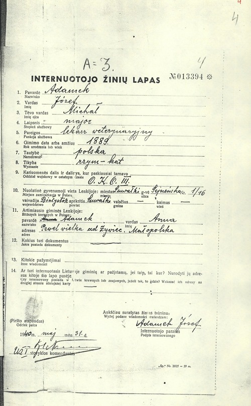 Ankieta internowanego w Kalwarii, przekazanego z Litwy do ZSRS. Z zasobu IPN