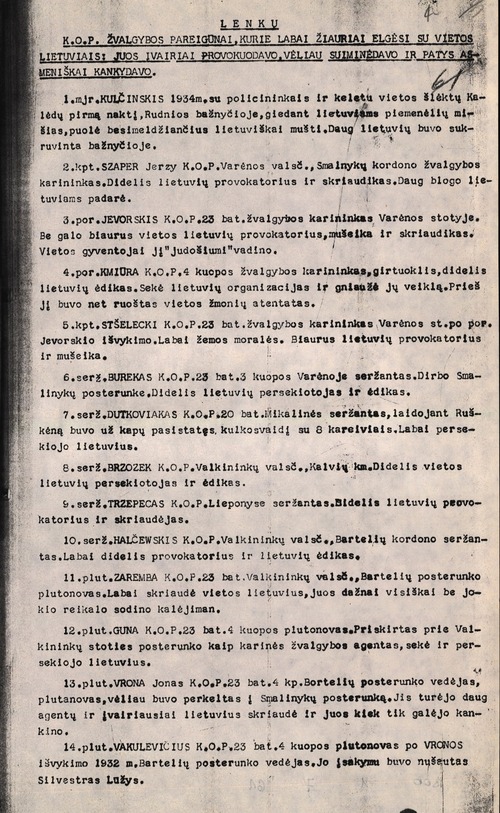 Fragment wykazu internowanych na Litwie policjantów o żołnierzy Korpusu Ochrony Pogranicza. Z zasobu IPN