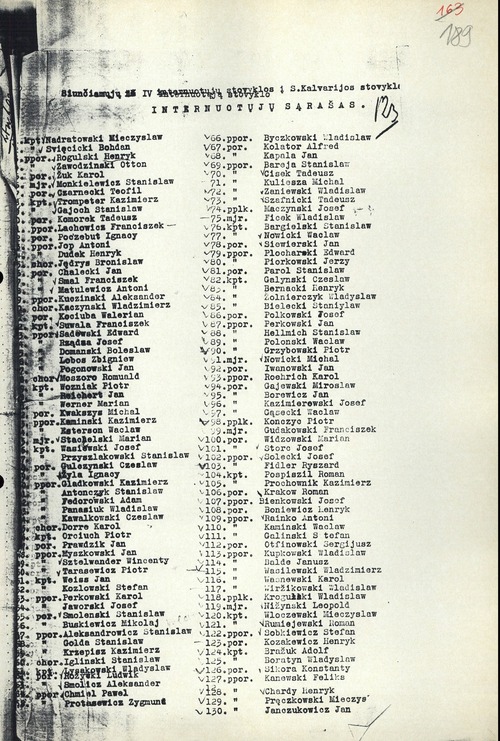 Fragment wykazu polskich wojskowych przekazanych z obozu nr 4 na Litwie do ZSRS. Z zasobu IPN