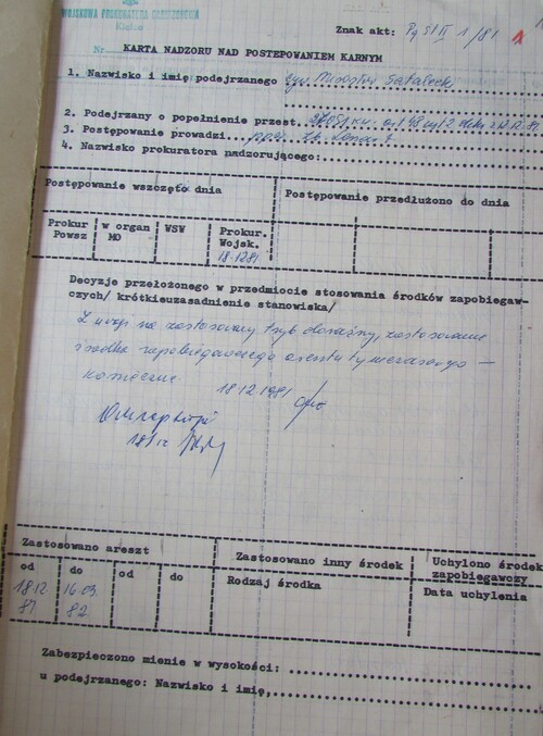 Karta nadzoru nad postępowaniem karnym w sprawie Mirosława Sataleckiego. Z zasobu IPN