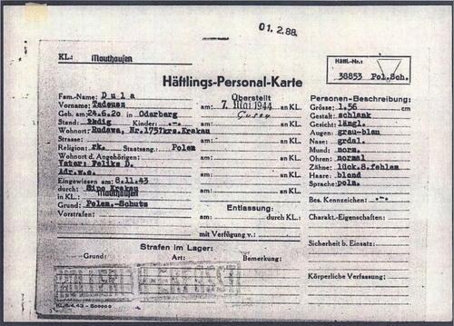 Karta personalna Tadeusza Duli, więźnia Mauthausen. Z zasobu IPN